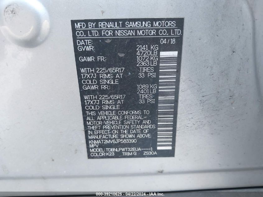 2018 Nissan Rogue S VIN: KNMAT2MV6JP583390 Lot: 48129444