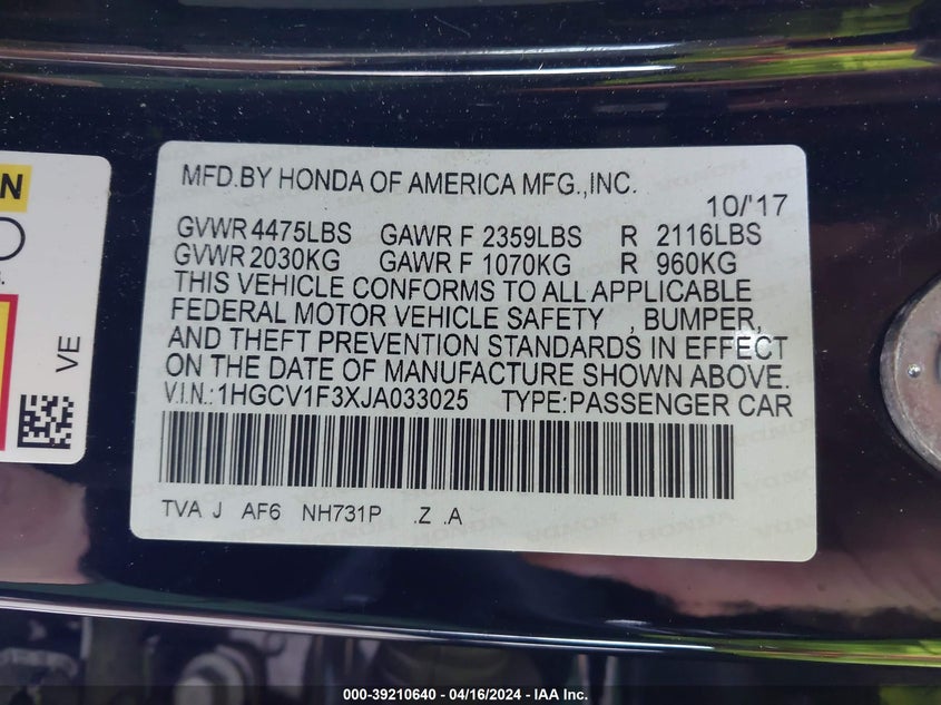 2018 HONDA ACCORD SPORT - 1HGCV1F3XJA033025