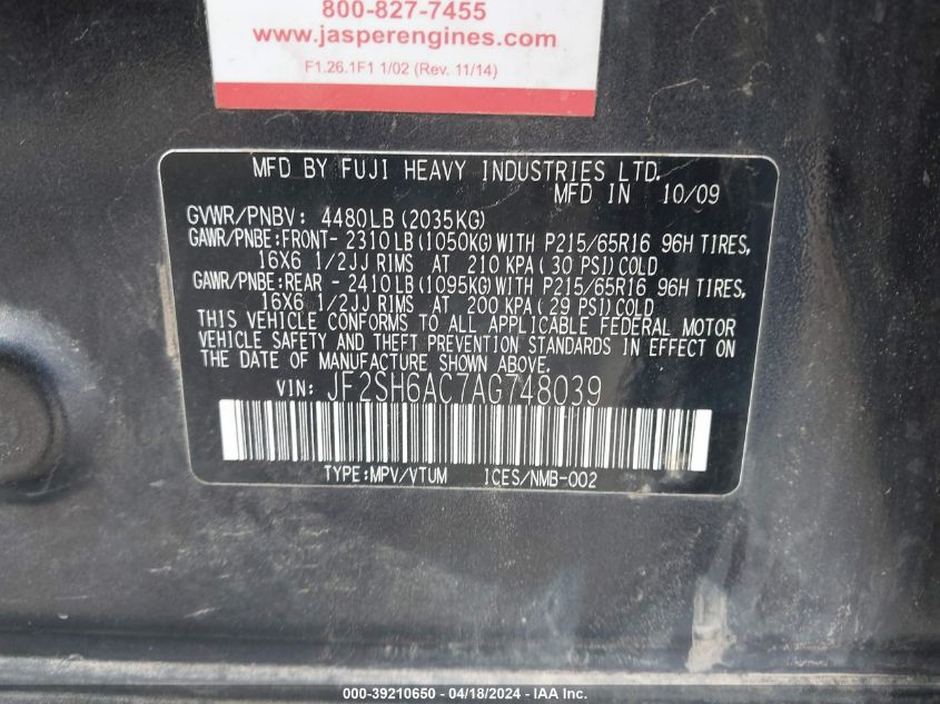 2010 Subaru Forester 2.5X VIN: JF2SH6AC7AG748039 Lot: 39257648