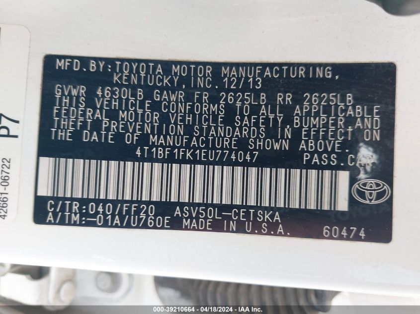 2014 Toyota Camry Se VIN: 4T1BF1FK1EU774047 Lot: 39210664