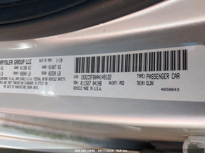 2010 Dodge Avenger R/T VIN: 1B3CC5FB0AN149122 Lot: 39210690