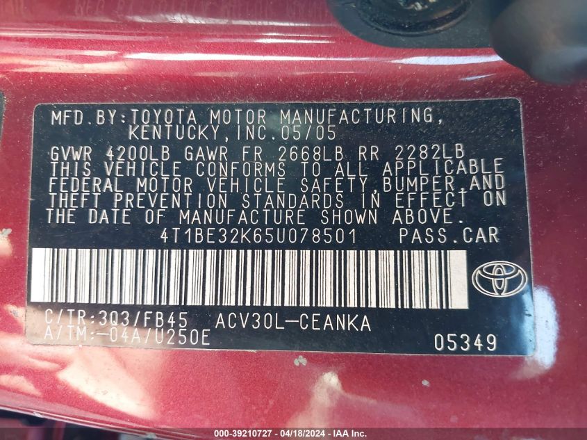 2005 Toyota Camry Le VIN: 4T1BE32K65U078501 Lot: 39210727