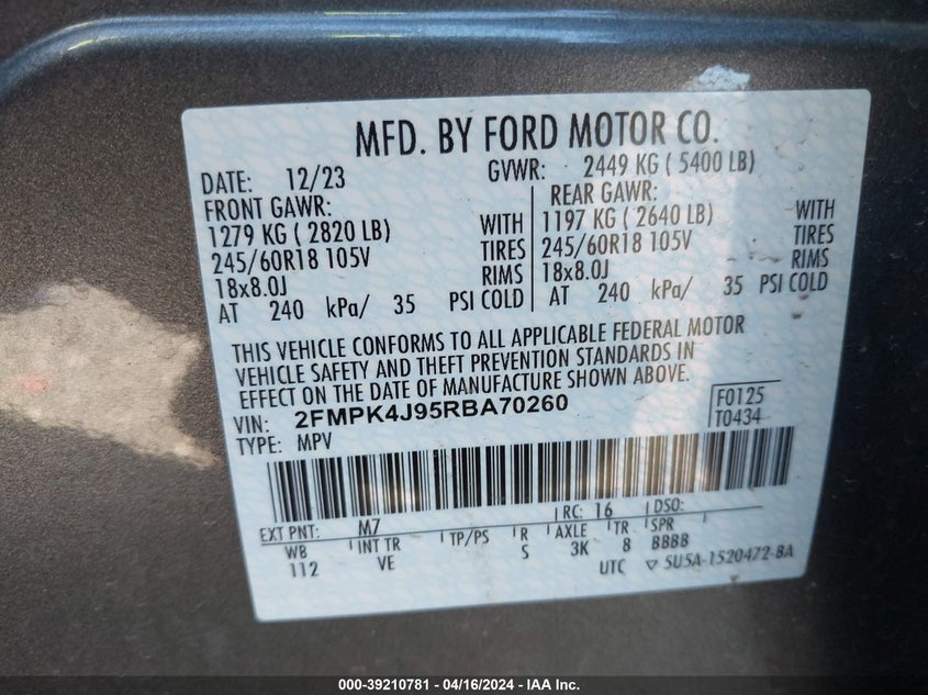 VIN 2FMPK4J95RBA70260 2024 FORD EDGE SEL