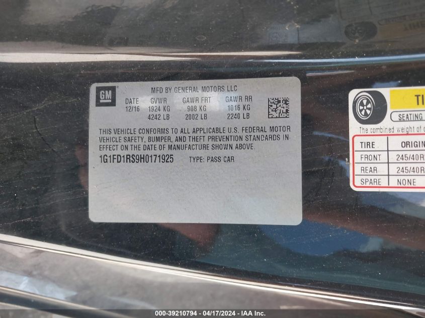 2017 Chevrolet Camaro 2Lt VIN: 1G1FD1RS9H0171925 Lot: 39210794