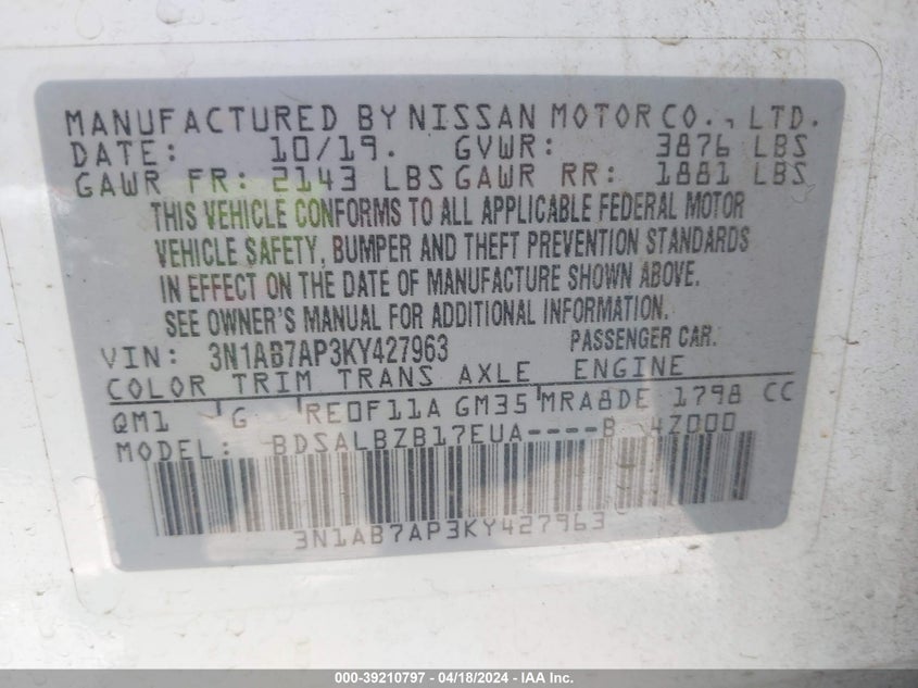 VIN 3N1AB7AP3KY427963 2019 NISSAN SENTRA S