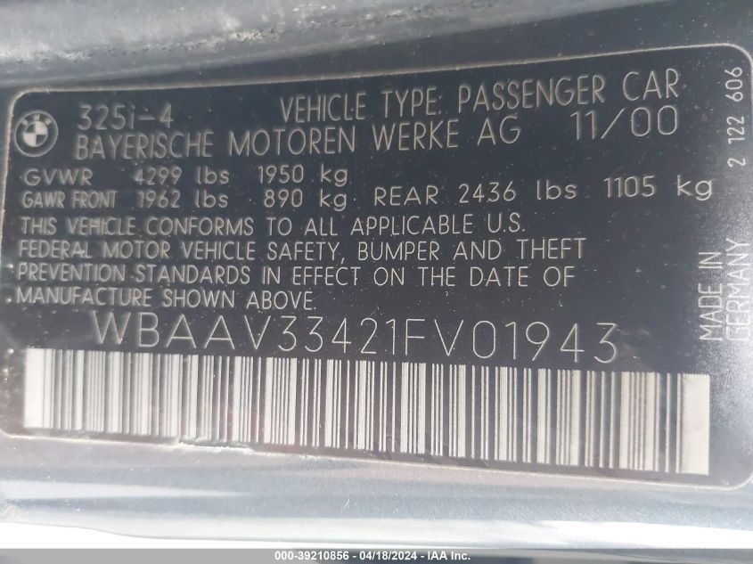 2001 BMW 325I VIN: WBAAV33421FV01943 Lot: 39210856