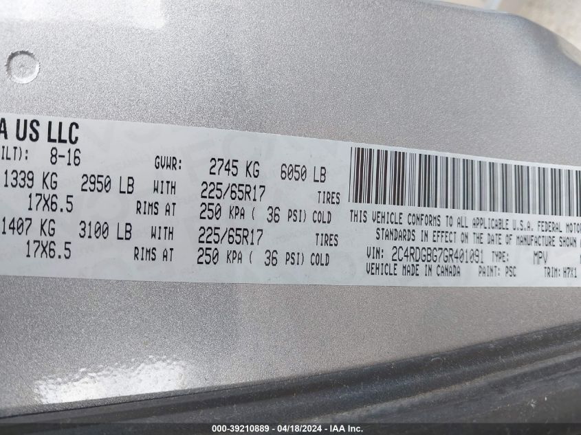 2016 Dodge Grand Caravan Se VIN: 2C4RDGBG7GR401091 Lot: 39210889