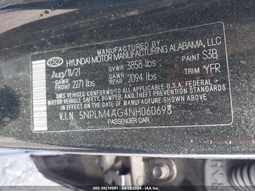 2022 Hyundai Elantra Sel VIN: 5NPLM4AG4NH060698 Lot: 39210891