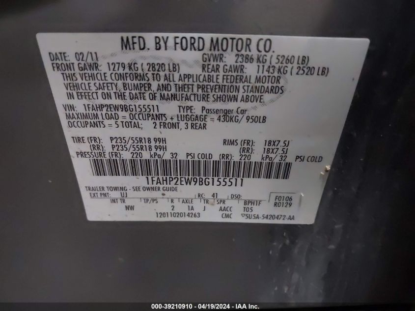 2011 Ford Taurus Sel VIN: 1FAHP2EW9BG155511 Lot: 39210910