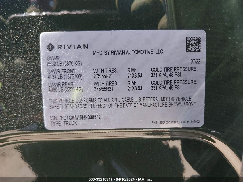 7FCTGAAA5NN008542 2022 Rivian R1T Adventure