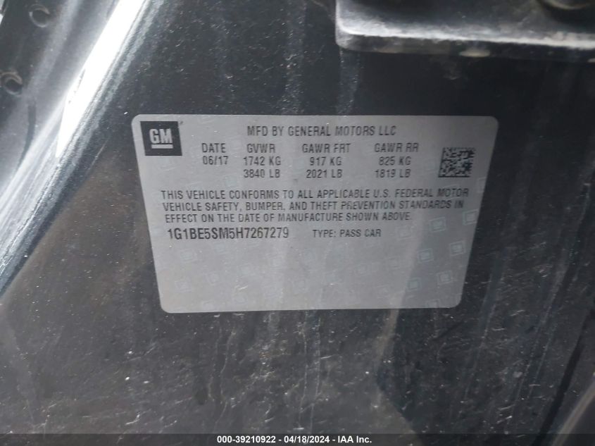 2017 Chevrolet Cruze Lt Auto VIN: 1G1BE5SM5H7267279 Lot: 39210922