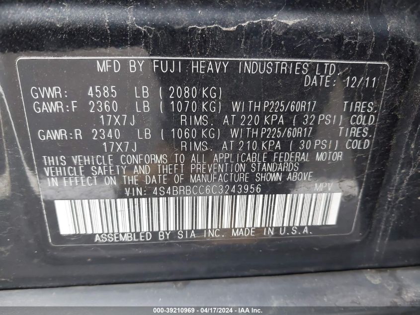 2012 Subaru Outback 2.5I Premium VIN: 4S4BRBCC6C3243956 Lot: 39210969