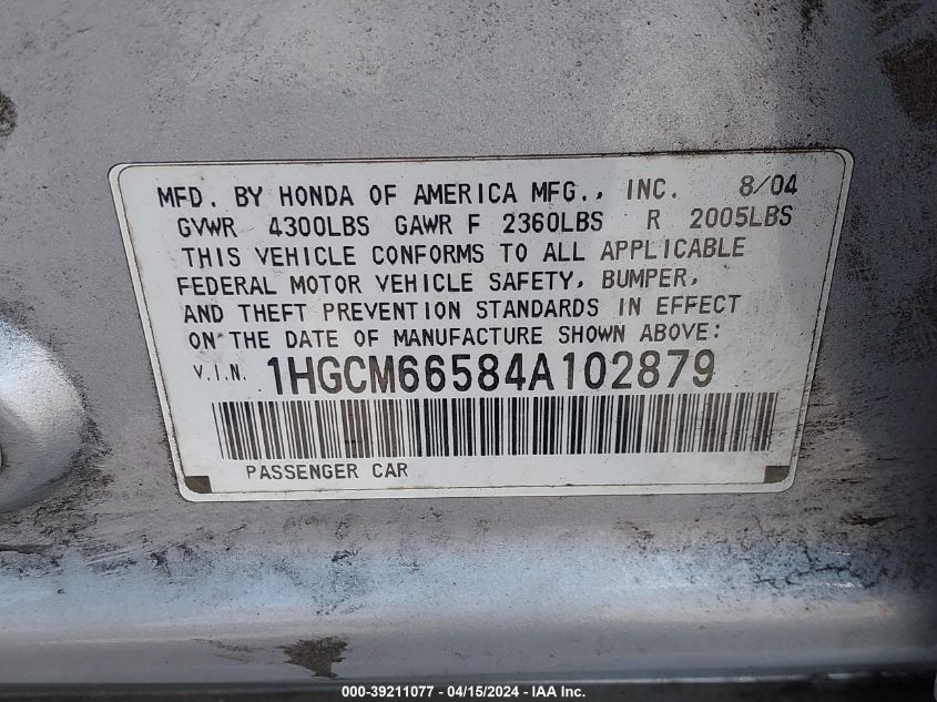 1HGCM66584A102879 | 2004 HONDA ACCORD