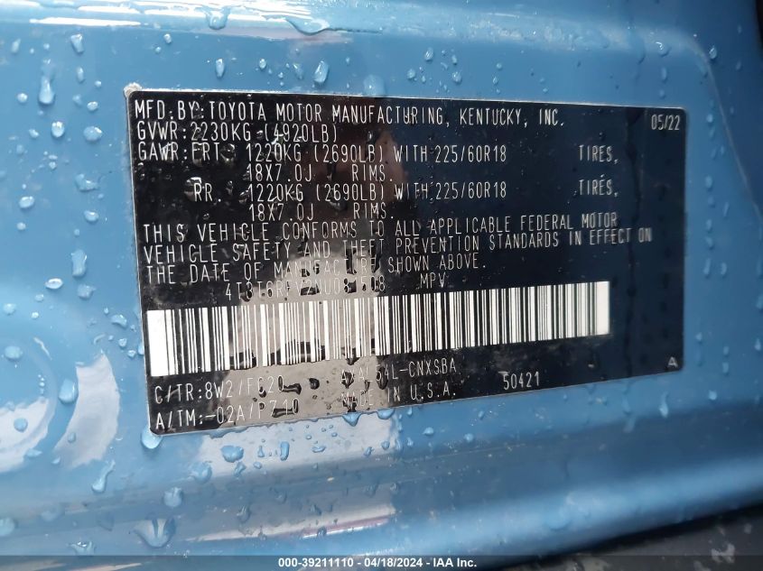 2022 TOYOTA RAV4 SE HYBRID - 4T3T6RFV2NU081508