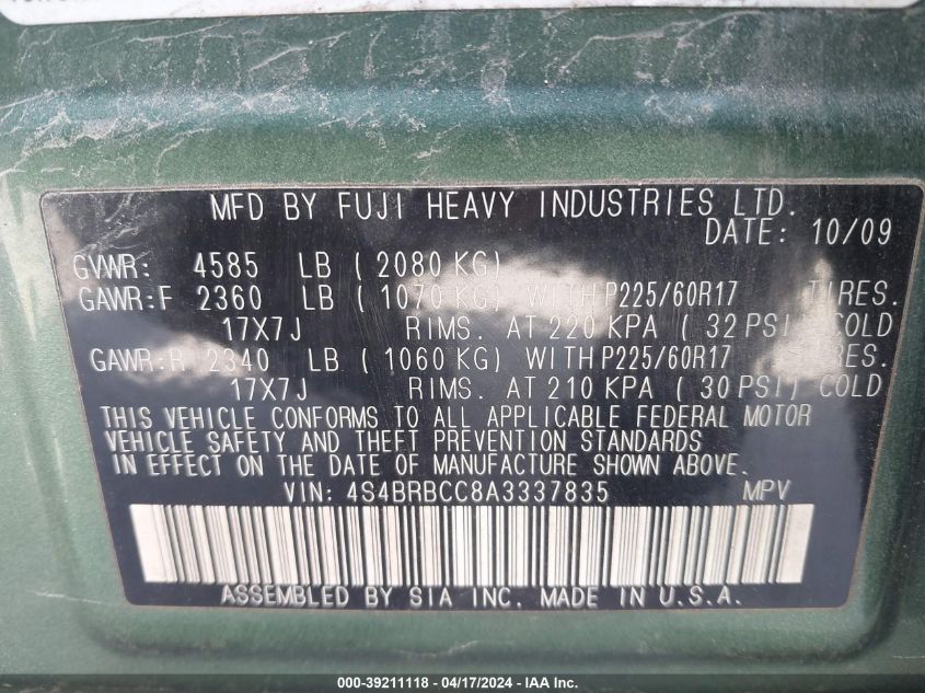 2010 Subaru Outback 2.5I Premium VIN: 4S4BRBCC8A3337835 Lot: 39211118