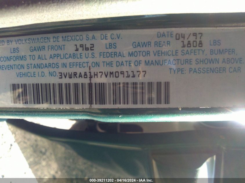 1997 Volkswagen Jetta Gl VIN: 3VWRA81H7VM091177 Lot: 39211202
