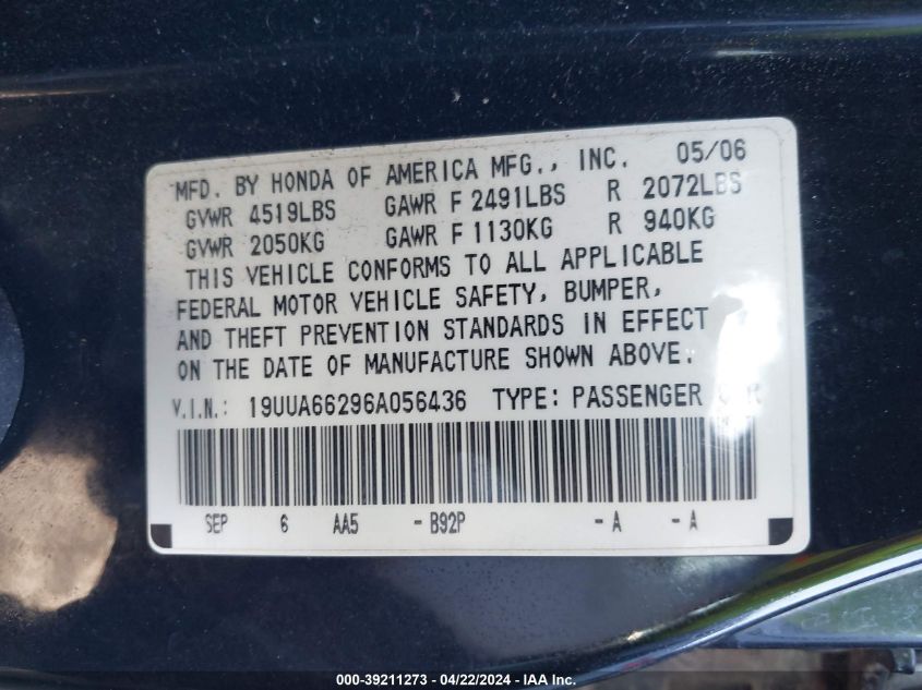 2006 Acura Tl VIN: 19UUA66296A056436 Lot: 49019224