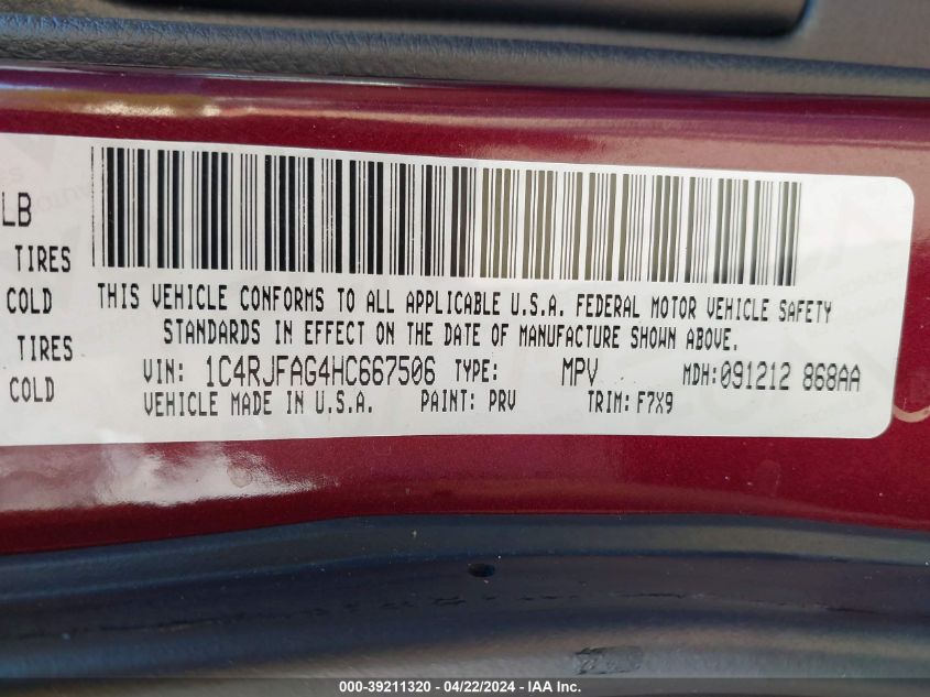 2017 Jeep Grand Cherokee Laredo 4X4 VIN: 1C4RJFAG4HC667506 Lot: 39211320