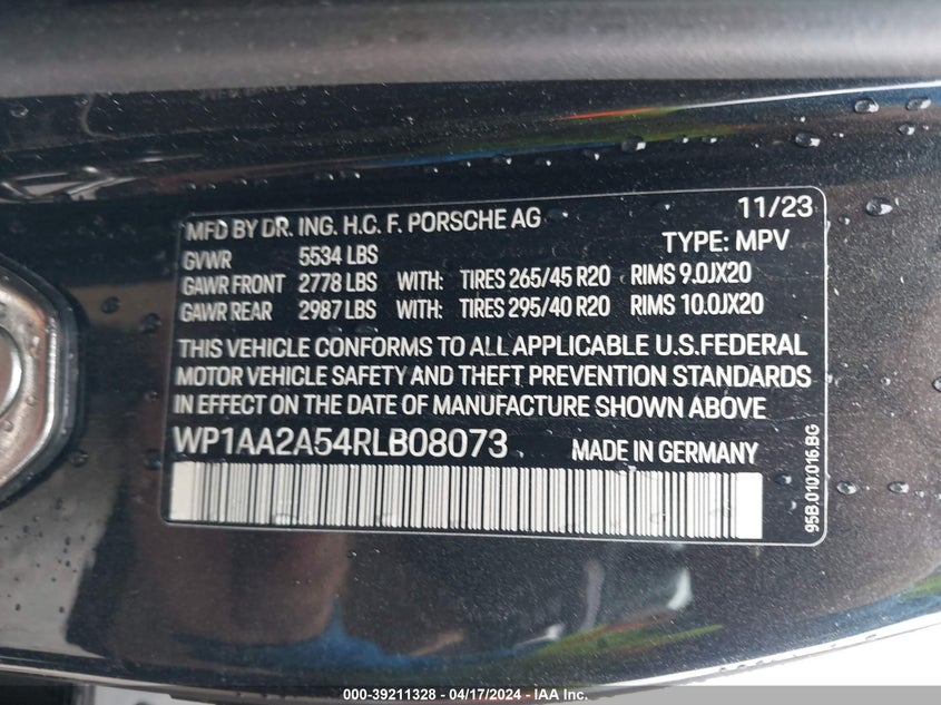 VIN WP1AA2A54RLB08073 2024 PORSCHE MACAN T