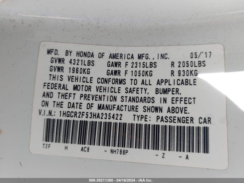 2017 HONDA ACCORD SPORT - 1HGCR2F53HA235422