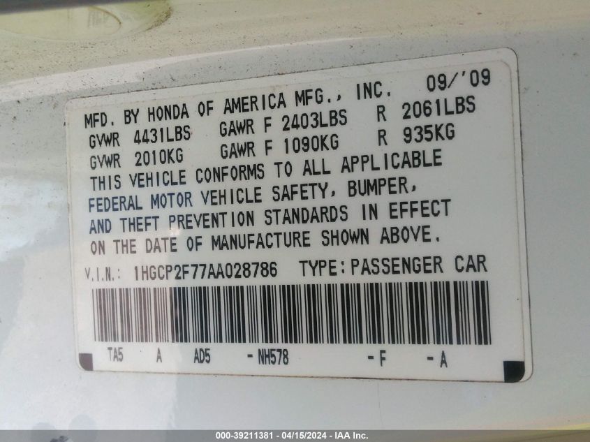 1HGCP2F77AA028786 | 2010 HONDA ACCORD