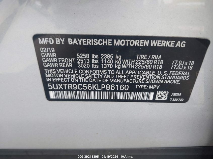 2019 BMW X3 xDrive30I VIN: 5UXTR9C56KLP86160 Lot: 50678174