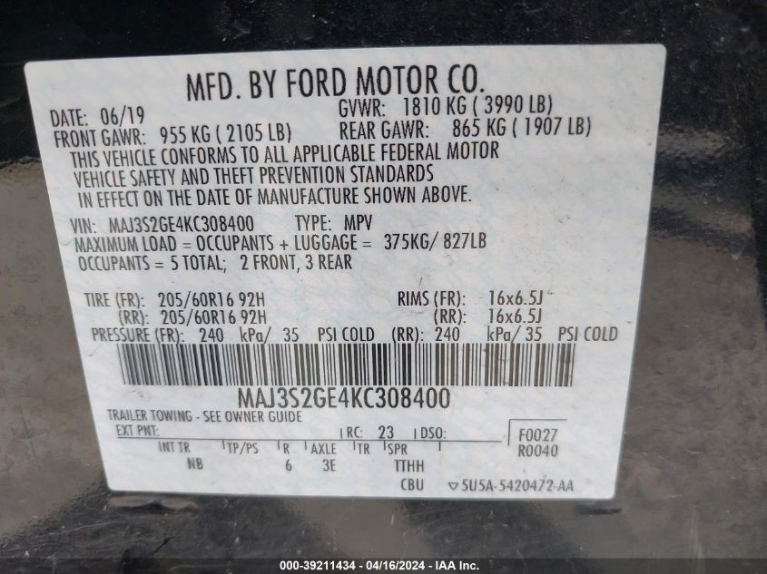 MAJ3S2GE4KC308400 2019 Ford Ecosport Se