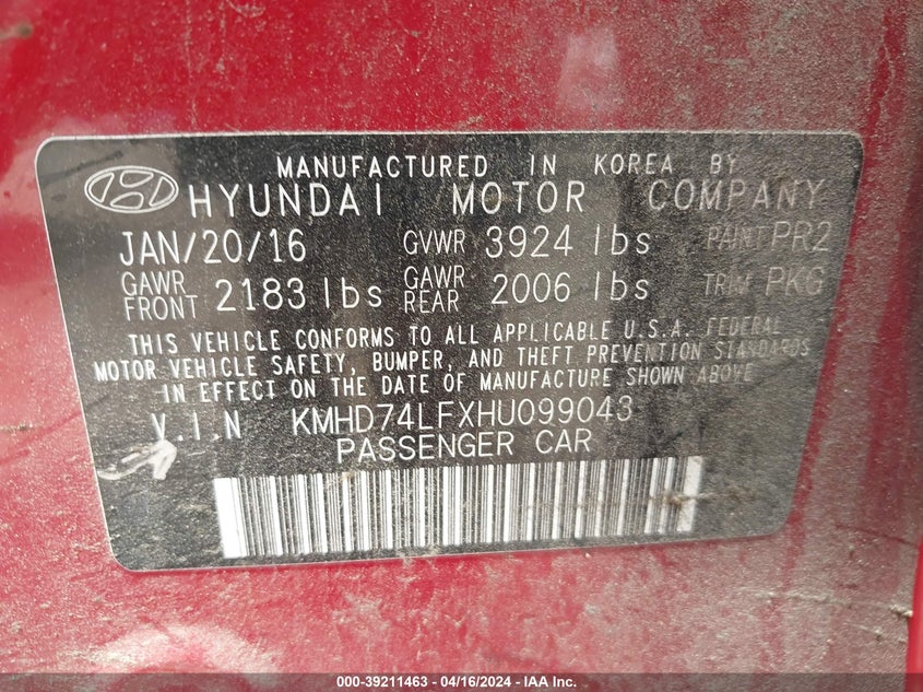 VIN KMHD74LFXHU099043 2017 HYUNDAI ELANTRA SE