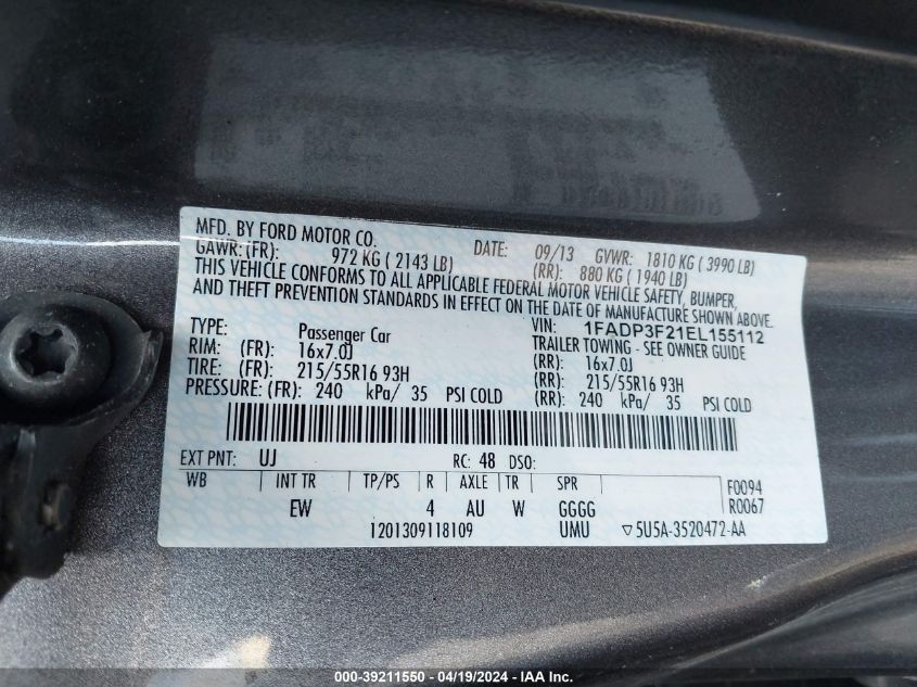 1FADP3F21EL155112 | 2014 FORD FOCUS