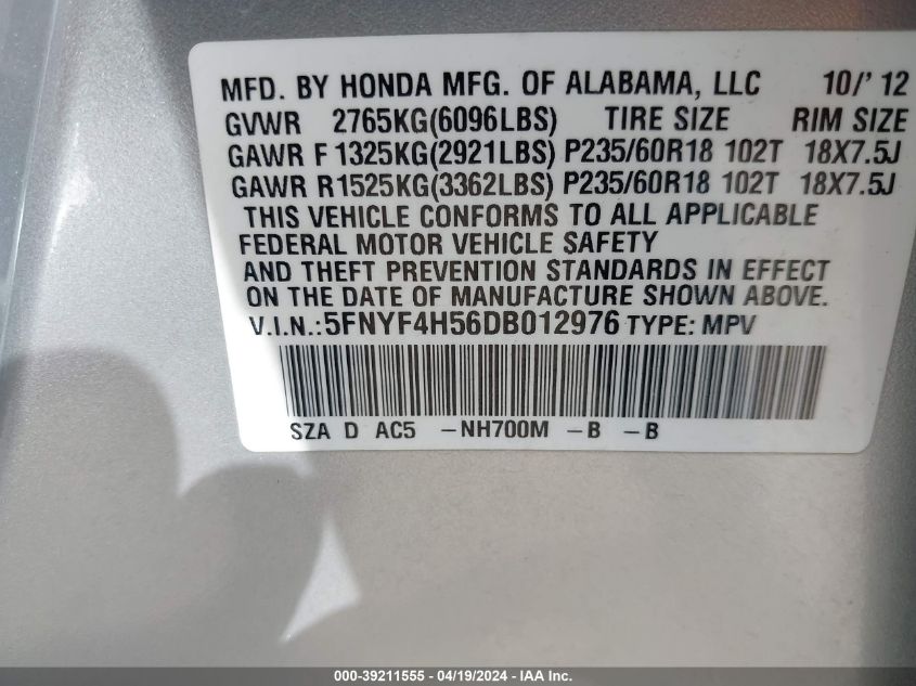 5FNYF4H56DB012976 2013 Honda Pilot Ex-L