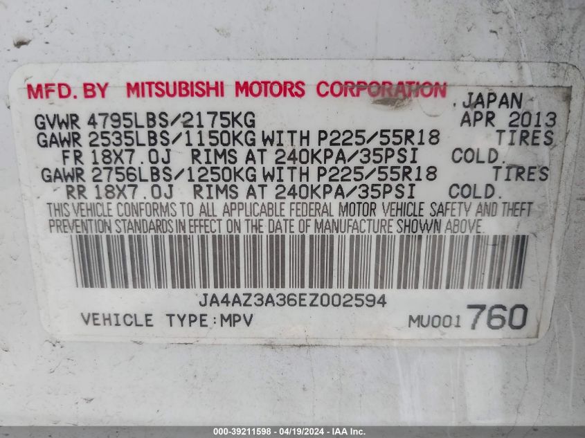 2014 Mitsubishi Outlander Se VIN: JA4AZ3A36EZ002594 Lot: 51702694