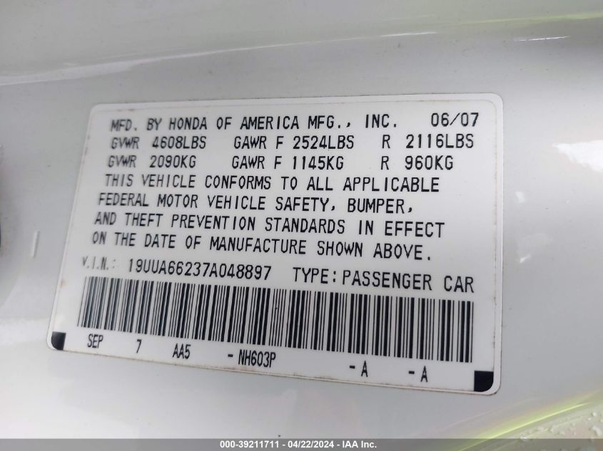 2007 Acura Tl 3.2 VIN: 19UUA66237A048897 Lot: 39211711