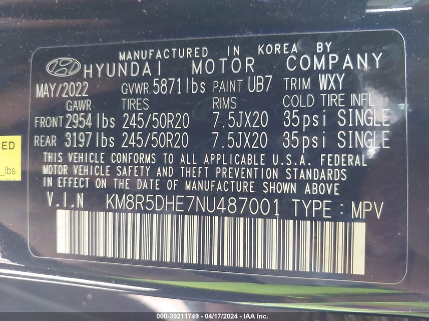 2022 HYUNDAI PALISADE LIMITED - KM8R5DHE6NY487001