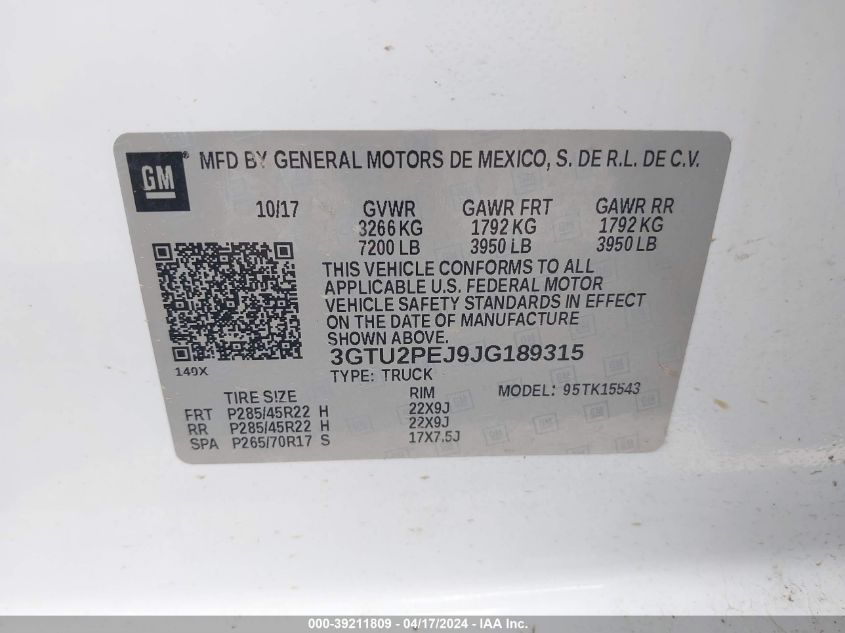 2018 GMC Sierra 1500 Denali VIN: 3GTU2PEJ9JG189315 Lot: 39211809
