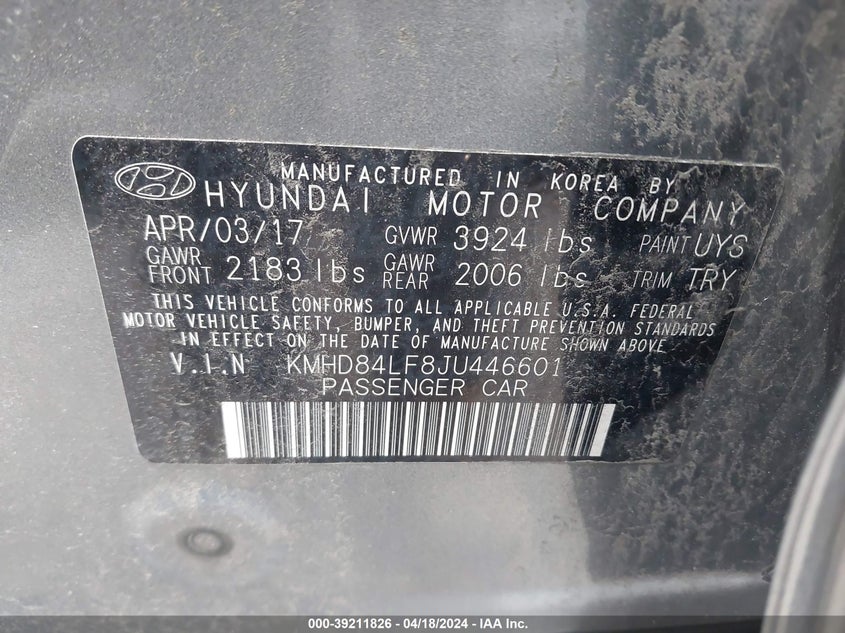 VIN KMHD84LF8JU446601 2018 HYUNDAI ELANTRA SEL