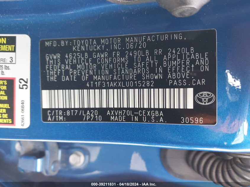 2020 Toyota Camry Xle Hybrid VIN: 4T1F31AKXLU015282 Lot: 39211831