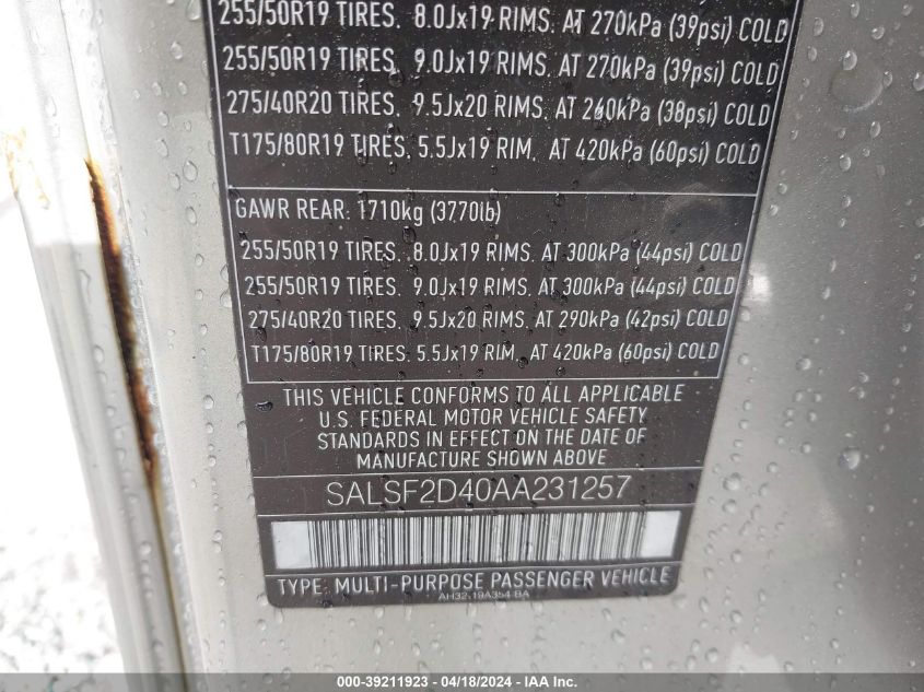 2010 Land Rover Range Rover Sport Hse VIN: SALSF2D40AA231257 Lot: 39211923