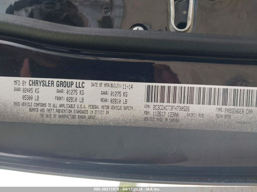 2015 Dodge Charger R/T VIN: 2C3CDXCT3FH730526 Lot: 39211978