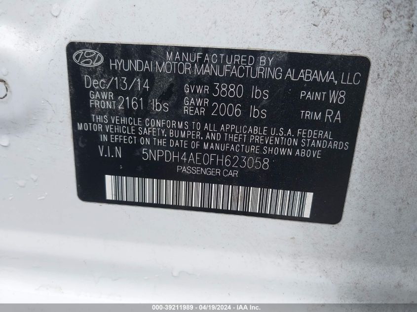 2015 Hyundai Elantra Se VIN: 5NPDH4AE0FH623058 Lot: 39211989