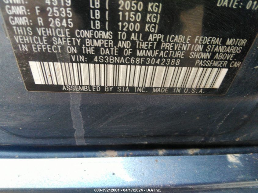 2015 Subaru Legacy 2.5I Premium VIN: 4S3BNAC68F3042388 Lot: 39212061