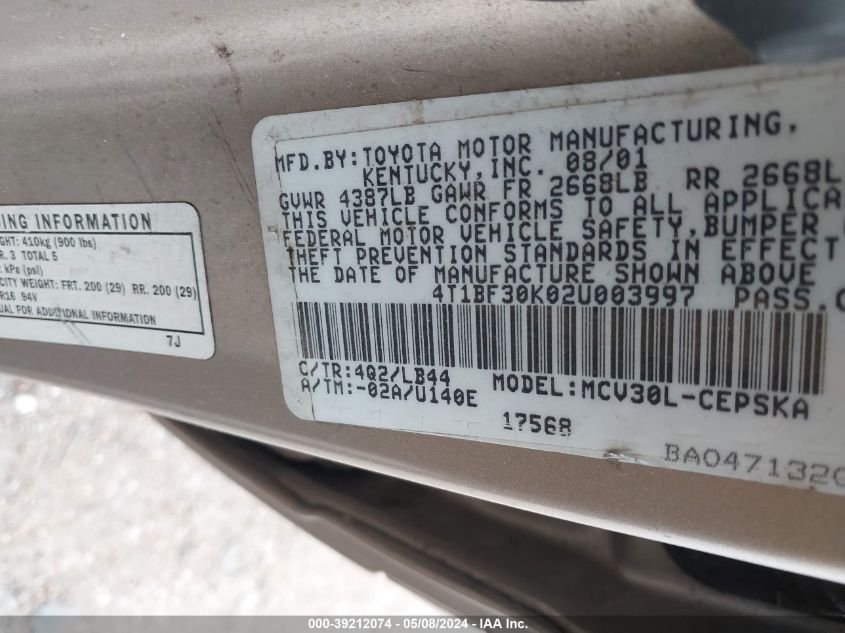 4T1BF30K02U003997 2002 TOYOTA CAMRY photo no. 9