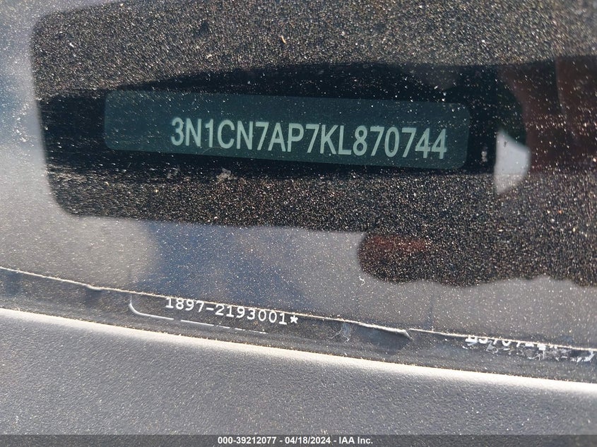 2019 NISSAN VERSA S/S PLUS/SV - 3N1CN7AP7KL870744