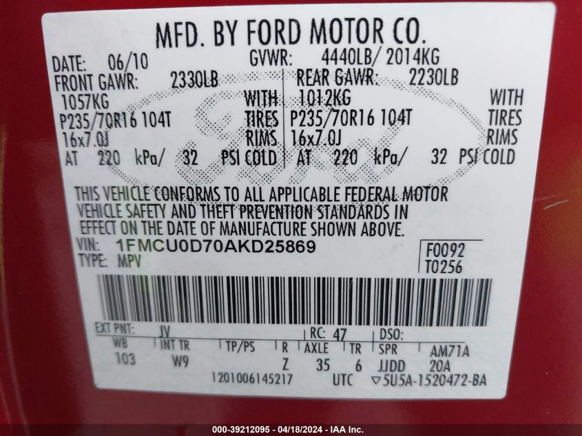 2010 Ford Escape Xlt VIN: 1FMCU0D70AKD25869 Lot: 48906674