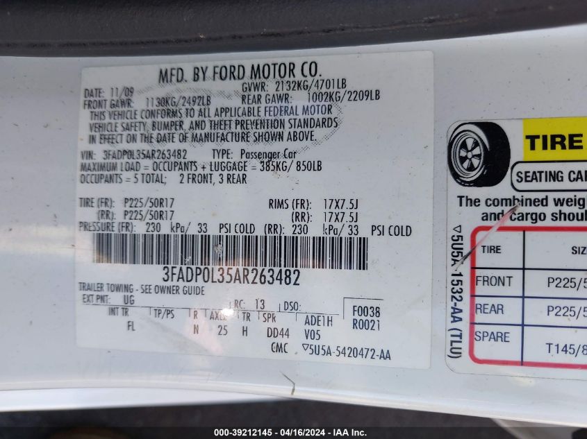 2010 Ford Fusion Hybrid VIN: 3FADP0L35AR263482 Lot: 39212145