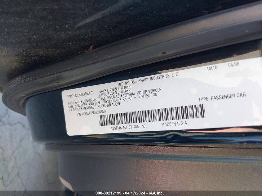 2006 Subaru Legacy 2.5I VIN: 4S3BL626867217039 Lot: 39212199