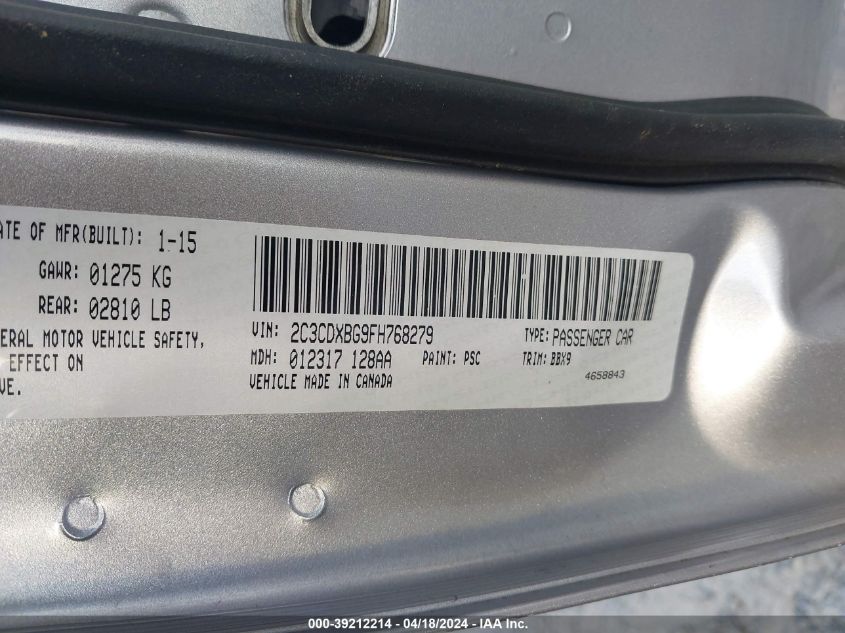 2015 Dodge Charger Se VIN: 2C3CDXBG9FH768279 Lot: 39212214