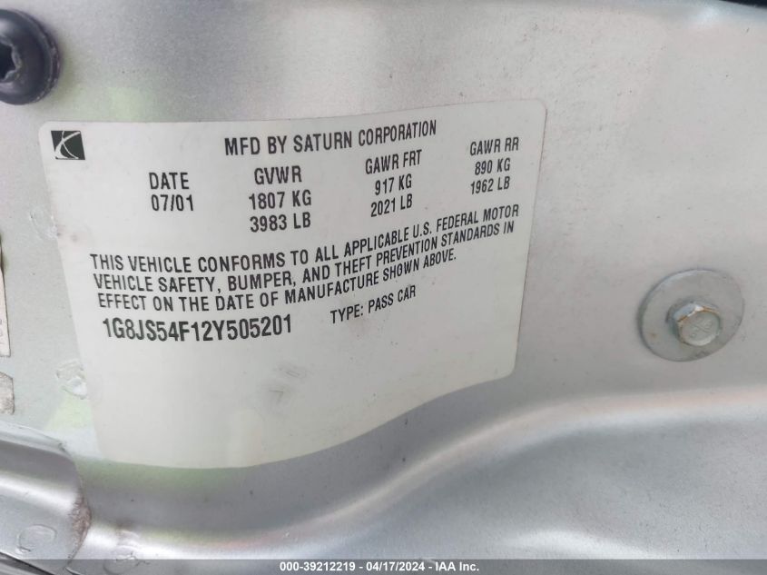 2002 Saturn L-Series L100 VIN: 1G8JS54F12Y505201 Lot: 39212219