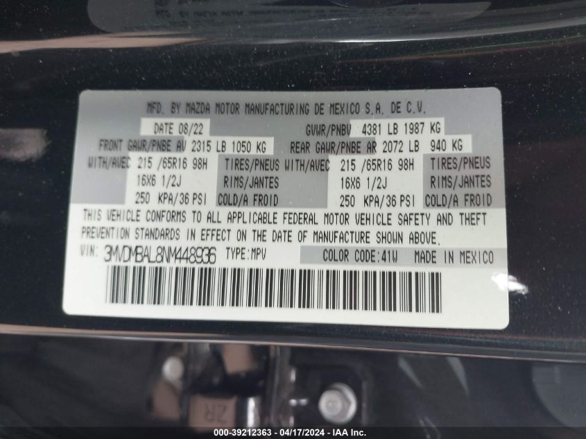 2022 Mazda Cx-30 2.5 S VIN: 3MVDMBAL8NM448936 Lot: 39212363