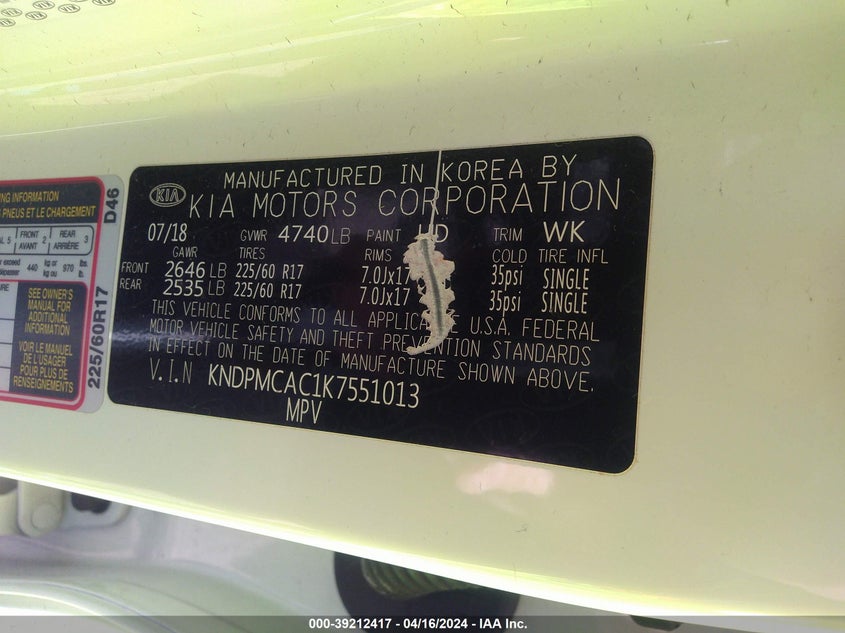 VIN KNDPMCAC1K7551013 2019 KIA SPORTAGE LX