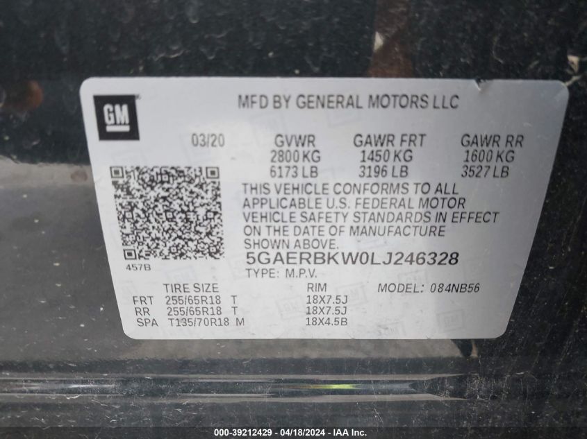 2020 Buick Enclave Fwd Essence VIN: 5GAERBKW0LJ246328 Lot: 39212429